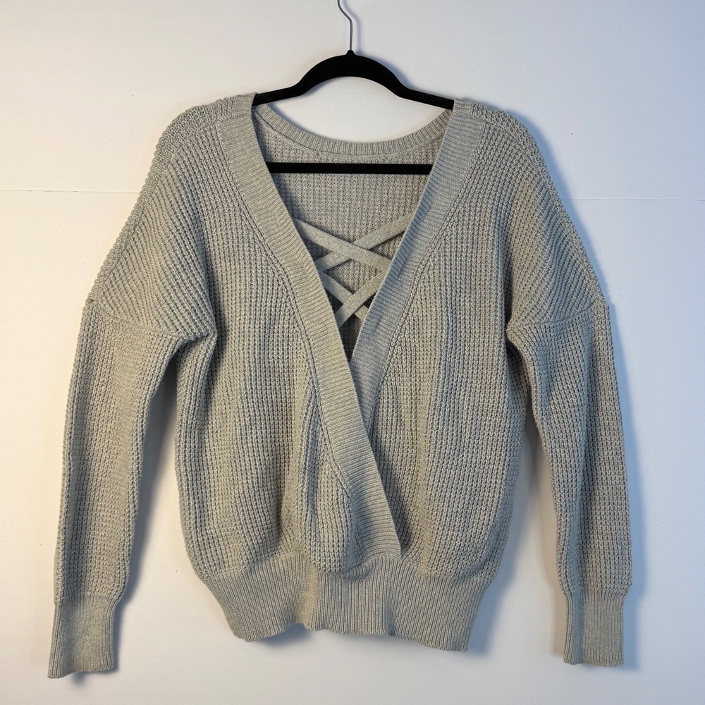 Waffle Knit V Neck Criss Cross‎ Back Sweater Light Grey Size M - Picture 4 of 8